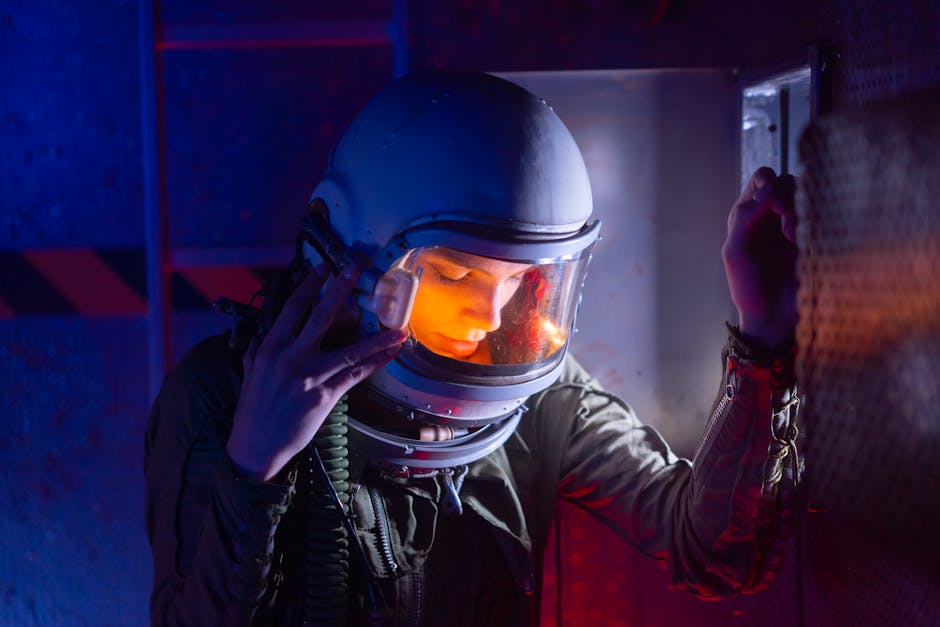 A woman astronaut in a helmet reflecting during an interstellar mission.
